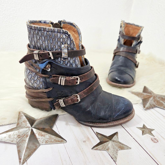 Freebird by Steven Shoes - Freebird Crue Ankle boots navy multi dark blue strappy leather booties women's 7